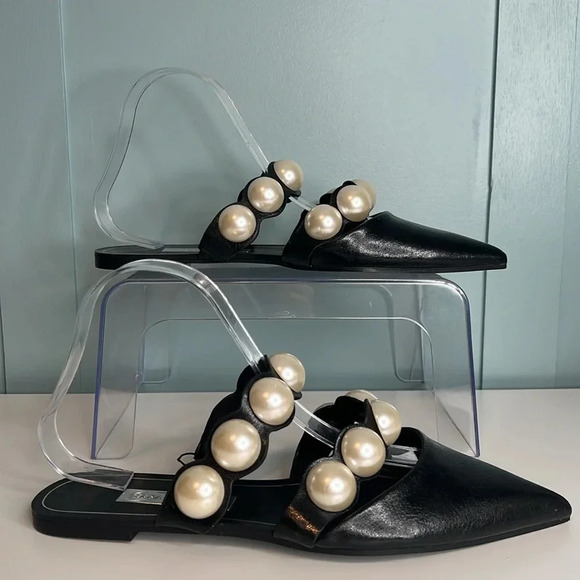 Zara Basic Collection Black Leather Mules w/ Pearl Accent Straps. Size 39. NWOT. - Picture 5 of 15